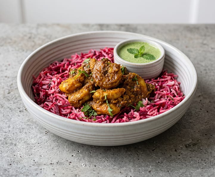 Chettinad Shrimp with Beetroot Rice